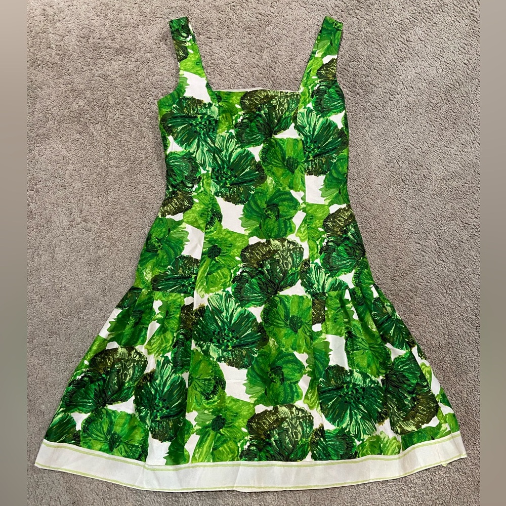 Tracy Reese Women Green Print Pleated Bow Back Silk Dress Sz 6 Square Neck Lined